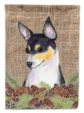 Fox Terrier on Faux Burlap with Pine Cones House Flag 28x40 Porch Sleeve Pole Decorative Outside Yard Banner Artwork Wall Hanging, Polyester