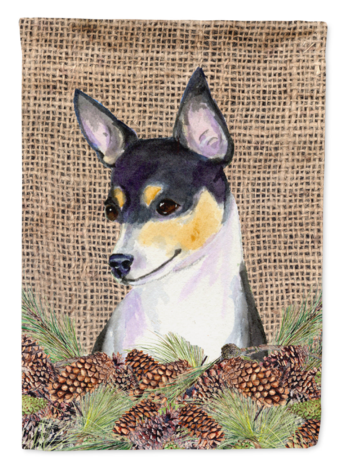 Fox Terrier on Faux Burlap with Pine Cones House Flag 28x40 Porch Sleeve Pole Decorative Outside Yard Banner Artwork Wall Hanging, Polyester