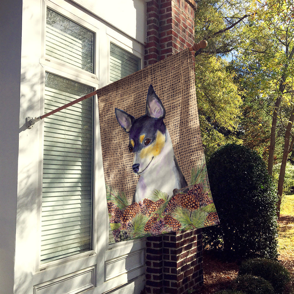 Fox Terrier on Faux Burlap with Pine Cones House Flag 28x40 Porch Sleeve Pole Decorative Outside Yard Banner Artwork Wall Hanging, Polyester