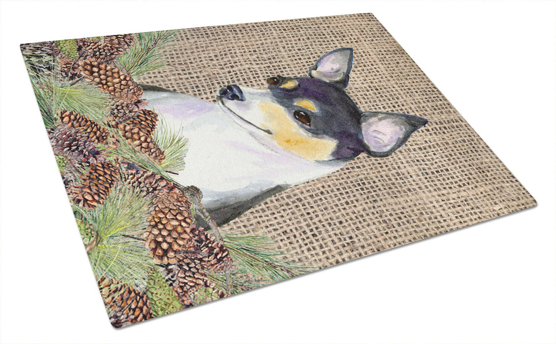 Fox Terrier on Faux Burlap with Pine Cones Cutting Board Tempered Glass Kitchen Cutting Surface, Heat Resistant Chopping, Non-Slip Feet, Food Prep & Serving
