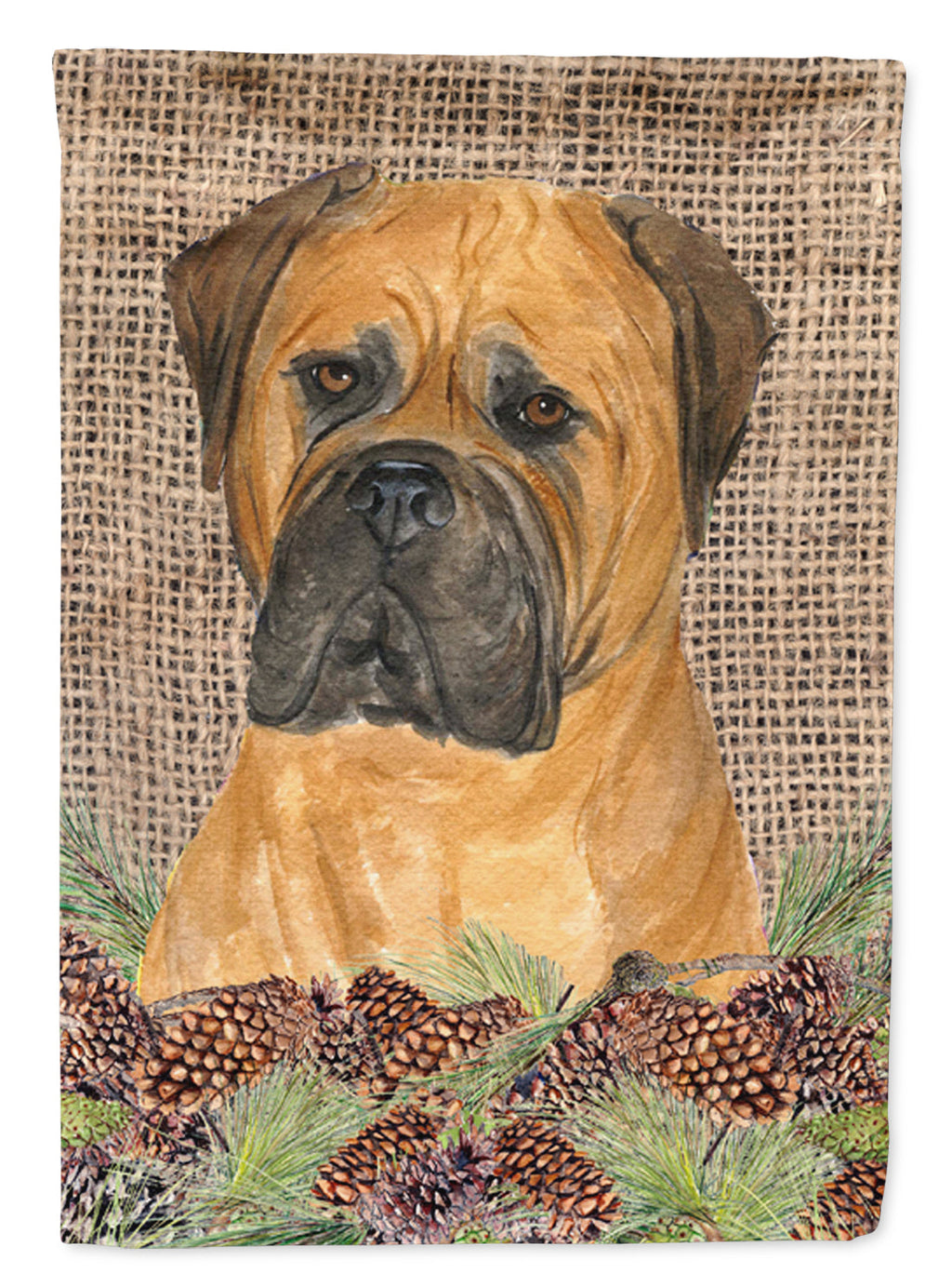 Bullmastiff on Faux Burlap with Pine Cones House Flag 28x40 Porch Sleeve Pole Decorative Outside Yard Banner Artwork Wall Hanging, Polyester