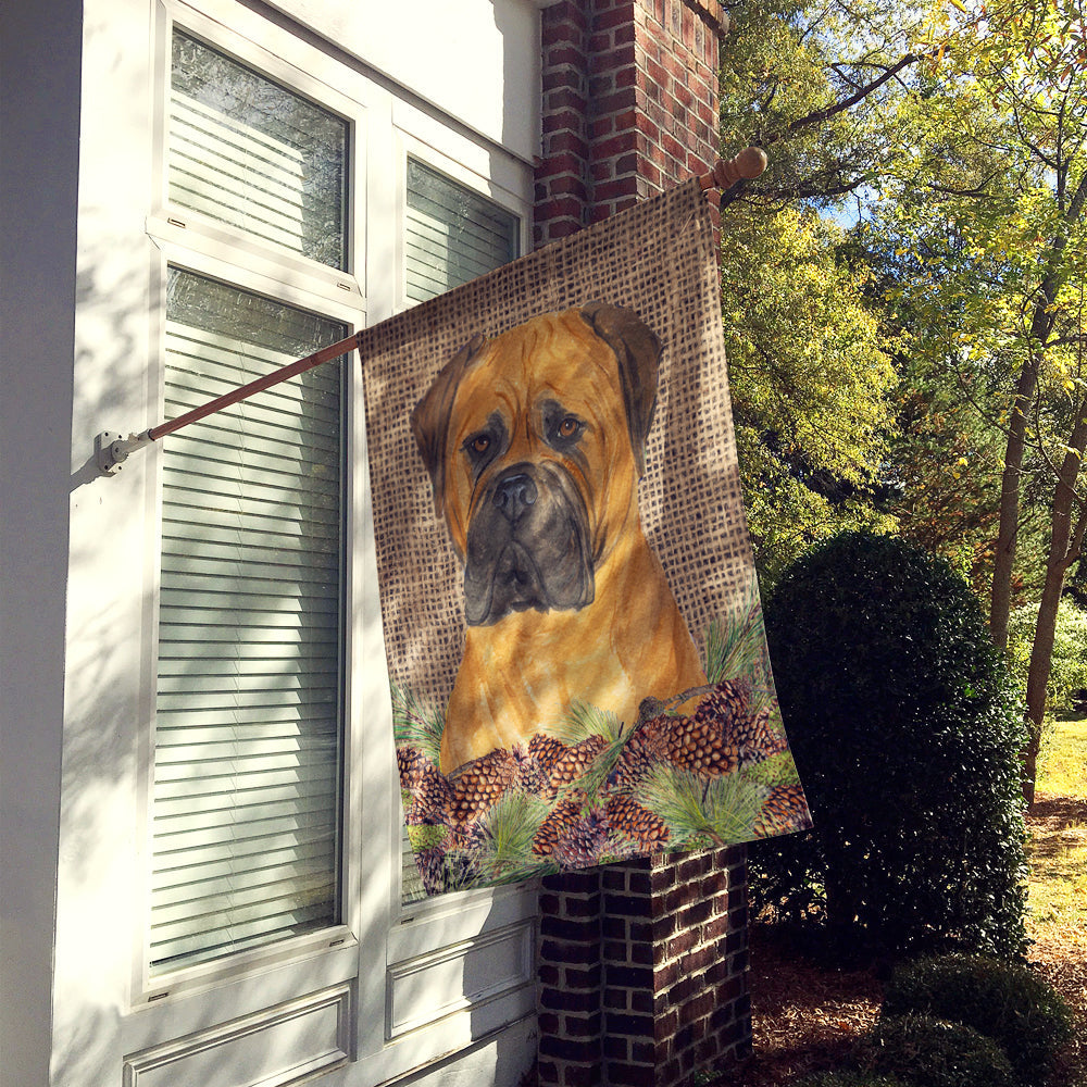 Bullmastiff on Faux Burlap with Pine Cones House Flag 28x40 Porch Sleeve Pole Decorative Outside Yard Banner Artwork Wall Hanging, Polyester