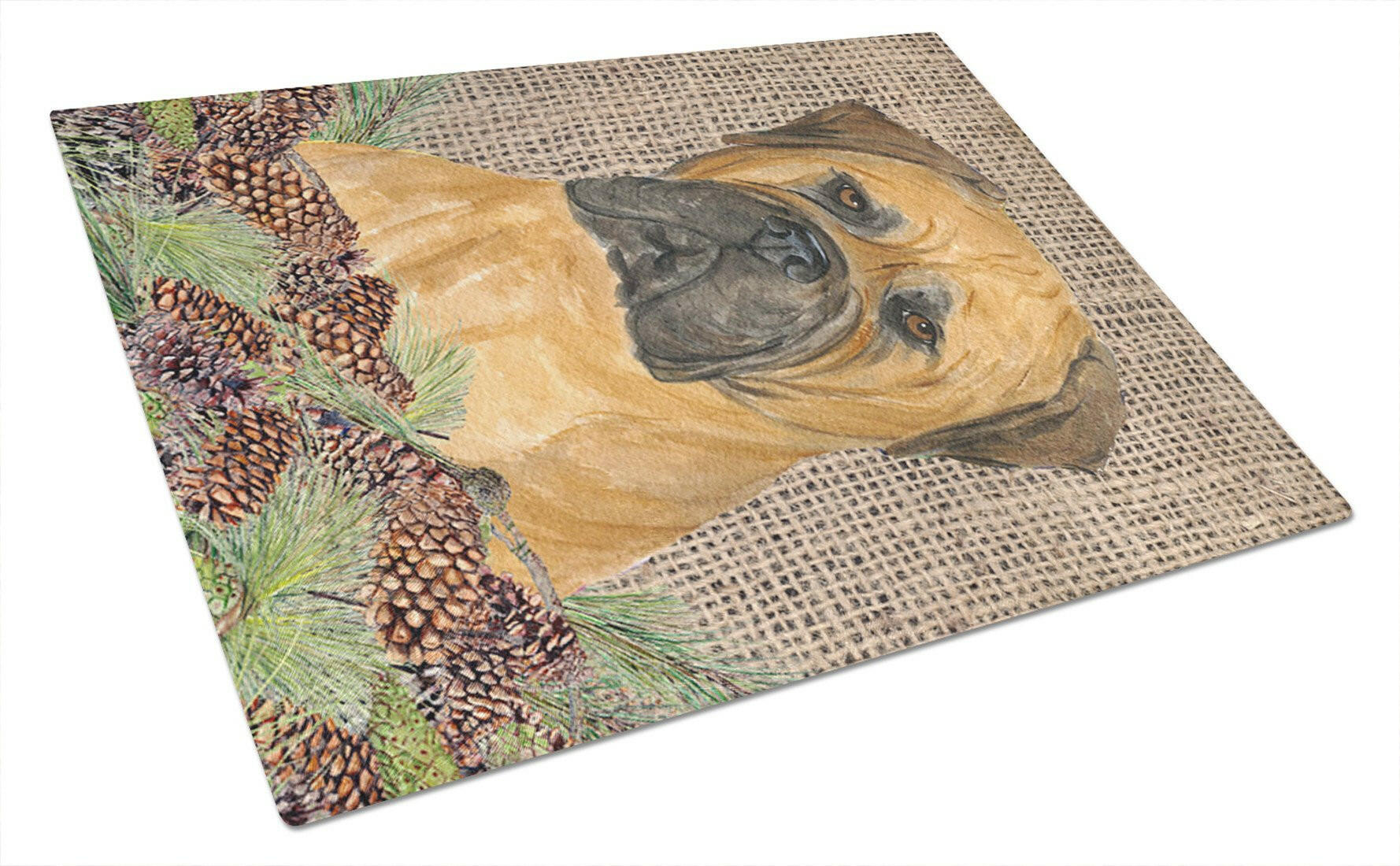 Bullmastiff on Faux Burlap with Pine Cones Cutting Board Tempered Glass Kitchen Cutting Surface, Heat Resistant Chopping, Non-Slip Feet, Food Prep & Serving