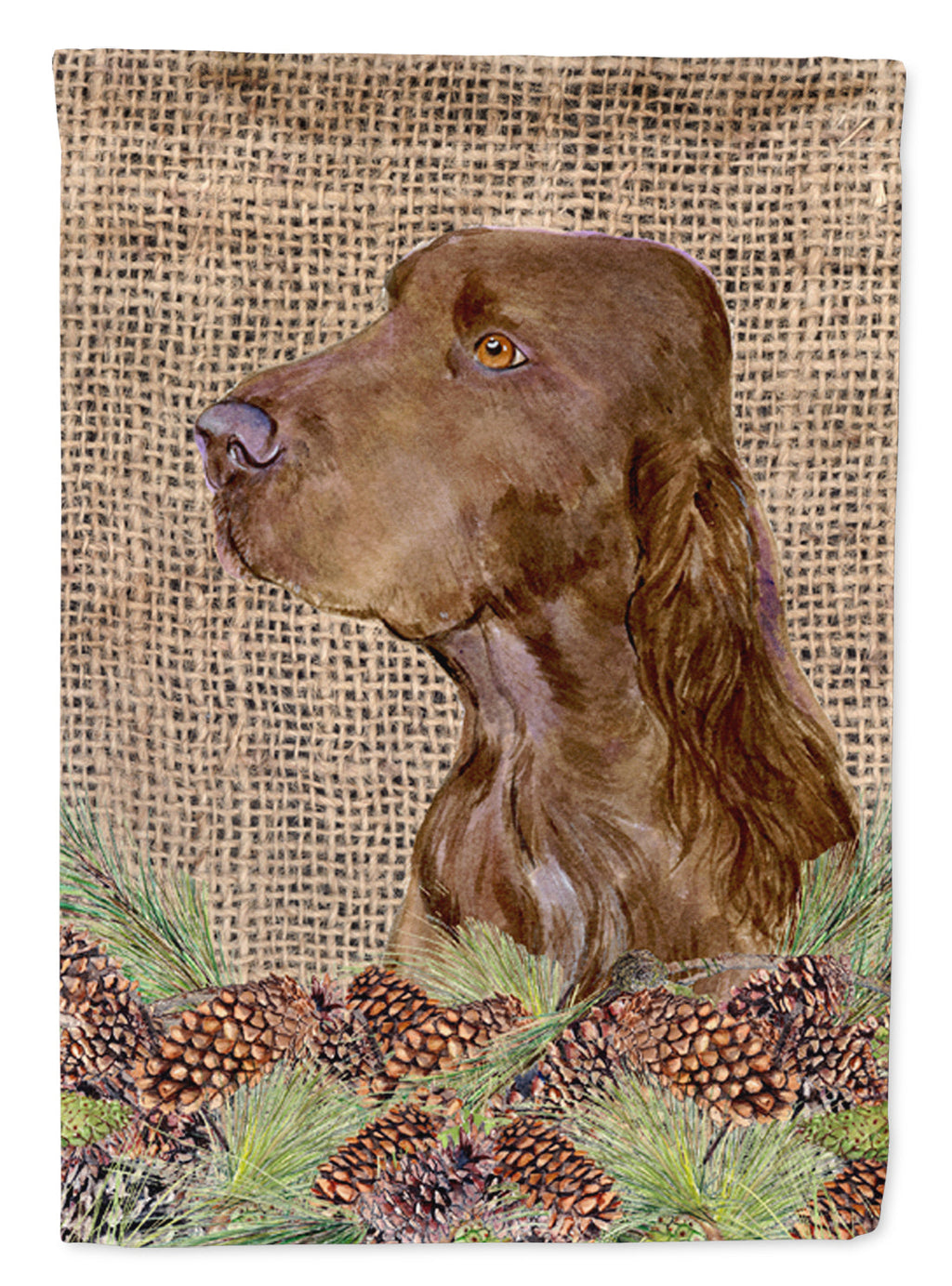 Field Spaniel on Faux Burlap with Pine Cones House Flag 28x40 Porch Sleeve Pole Decorative Outside Yard Banner Artwork Wall Hanging, Polyester