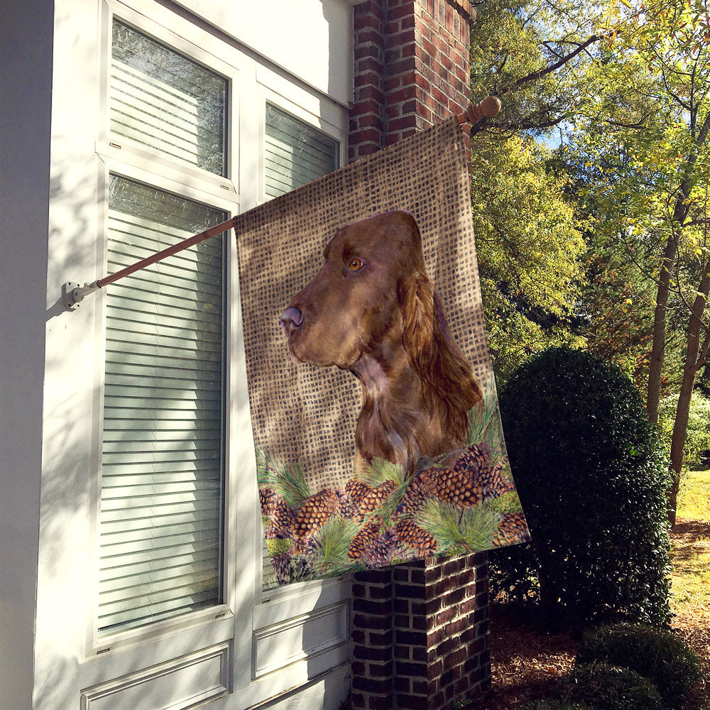 Field Spaniel on Faux Burlap with Pine Cones House Flag 28x40 Porch Sleeve Pole Decorative Outside Yard Banner Artwork Wall Hanging, Polyester