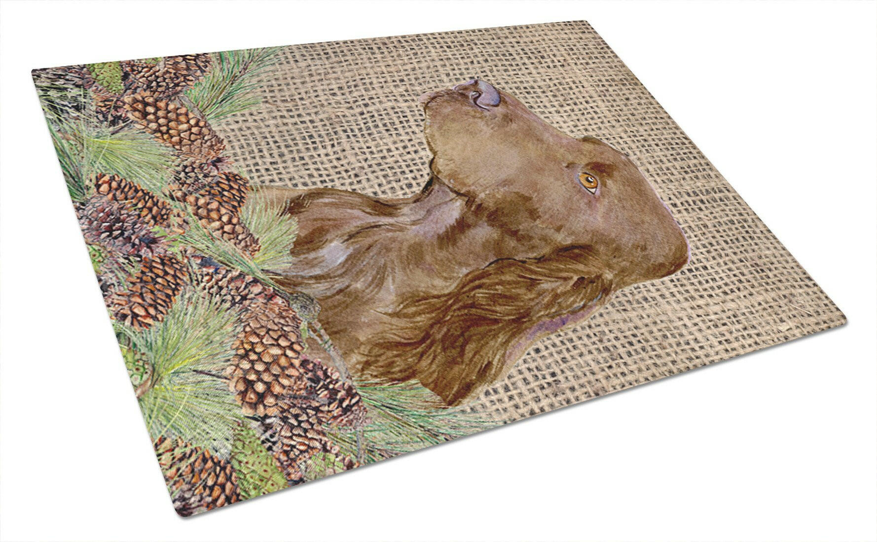 Field Spaniel on Faux Burlap with Pine Cones Cutting Board Tempered Glass Kitchen Cutting Surface, Heat Resistant Chopping, Non-Slip Feet, Food Prep & Serving