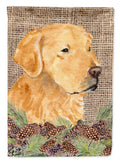 Golden Retriever on Faux Burlap with Pine Cones House Flag 28x40 Porch Sleeve Pole Decorative Outside Yard Banner Artwork Wall Hanging, Polyester
