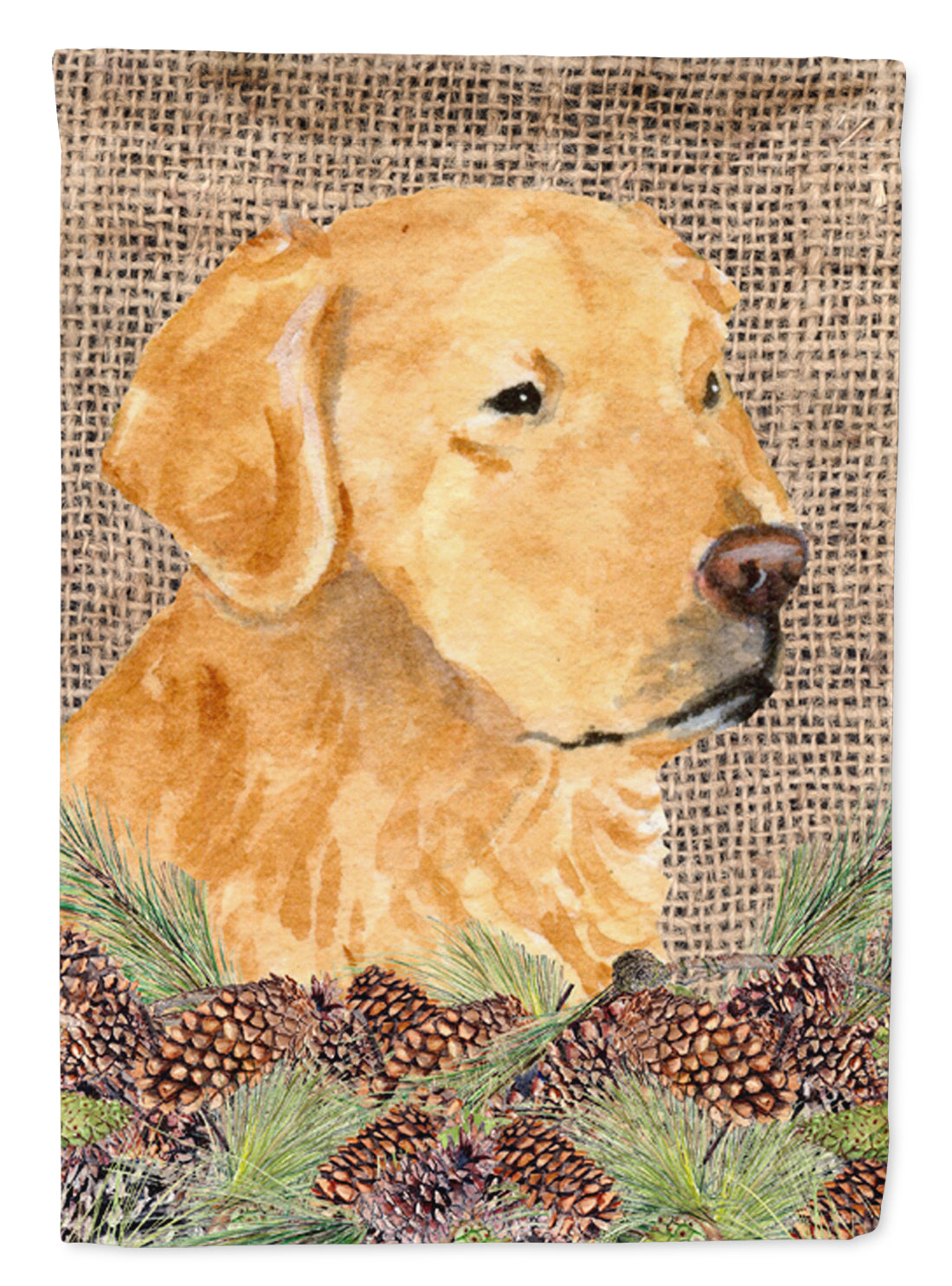 Golden Retriever on Faux Burlap with Pine Cones House Flag 28x40 Porch Sleeve Pole Decorative Outside Yard Banner Artwork Wall Hanging, Polyester