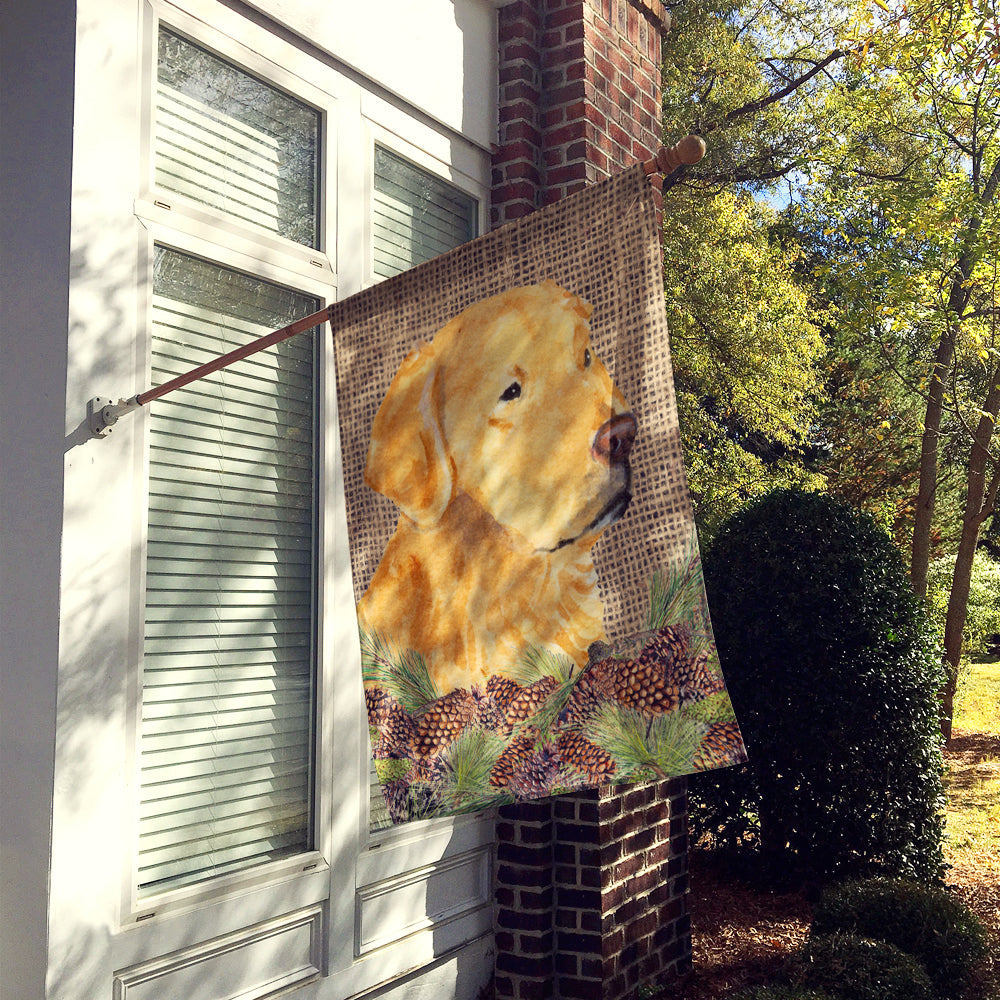 Golden Retriever on Faux Burlap with Pine Cones House Flag 28x40 Porch Sleeve Pole Decorative Outside Yard Banner Artwork Wall Hanging, Polyester