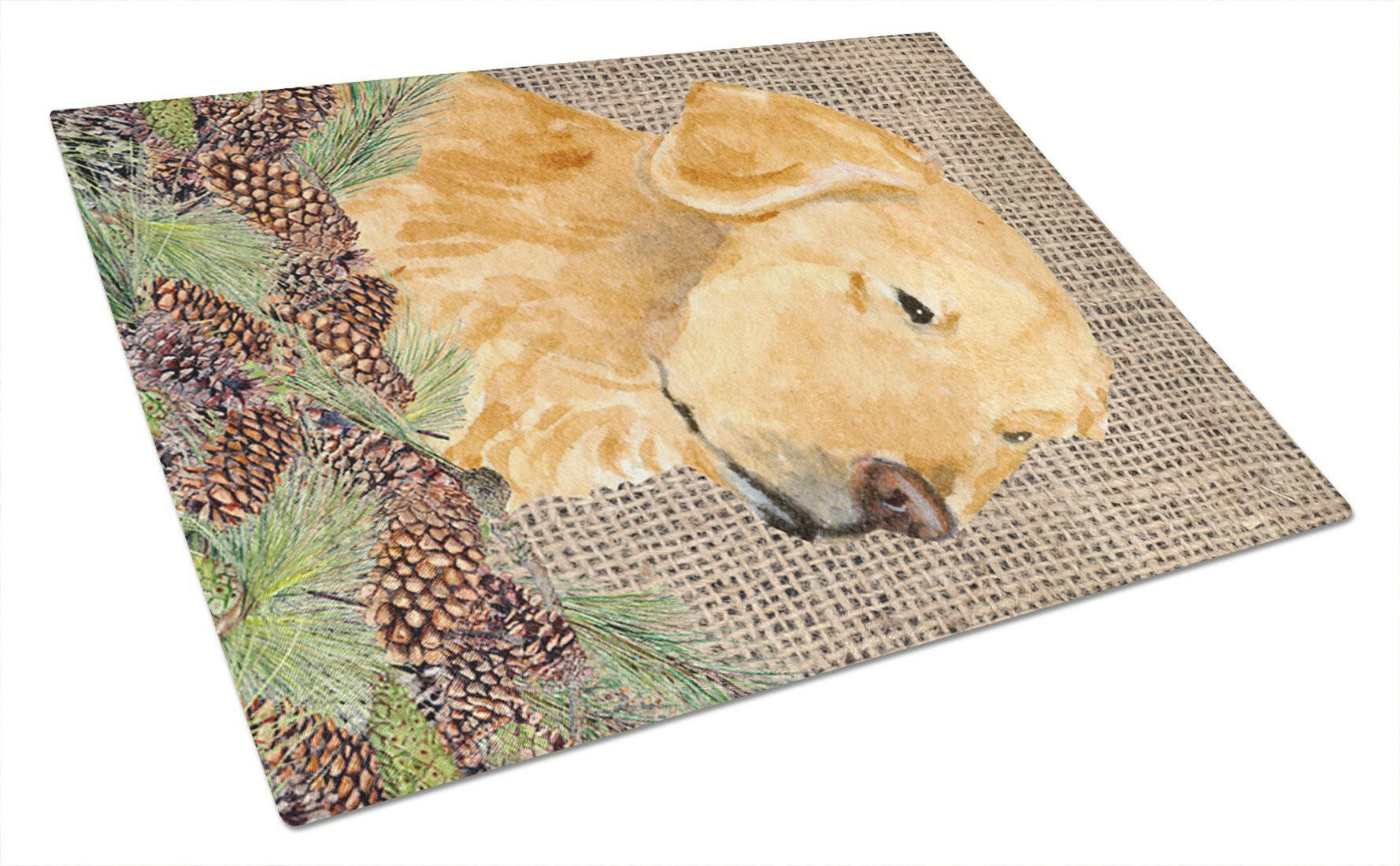 Golden Retriever on Faux Burlap with Pine Cones Cutting Board Tempered Glass Kitchen Cutting Surface, Heat Resistant Chopping, Non-Slip Feet, Food Prep & Serving