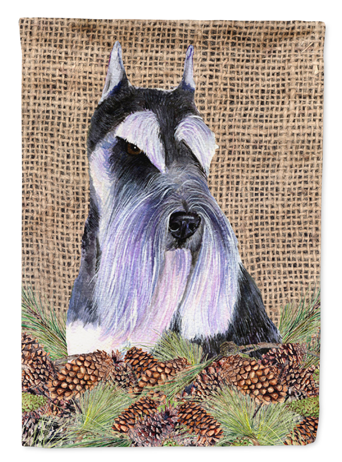 Schnauzer on Faux Burlap with Pine Cones House Flag 28x40 Porch Sleeve Pole Decorative Outside Yard Banner Artwork Wall Hanging, Polyester