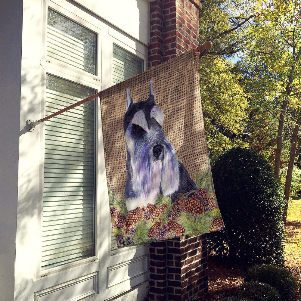 Schnauzer on Faux Burlap with Pine Cones House Flag 28x40 Porch Sleeve Pole Decorative Outside Yard Banner Artwork Wall Hanging, Polyester