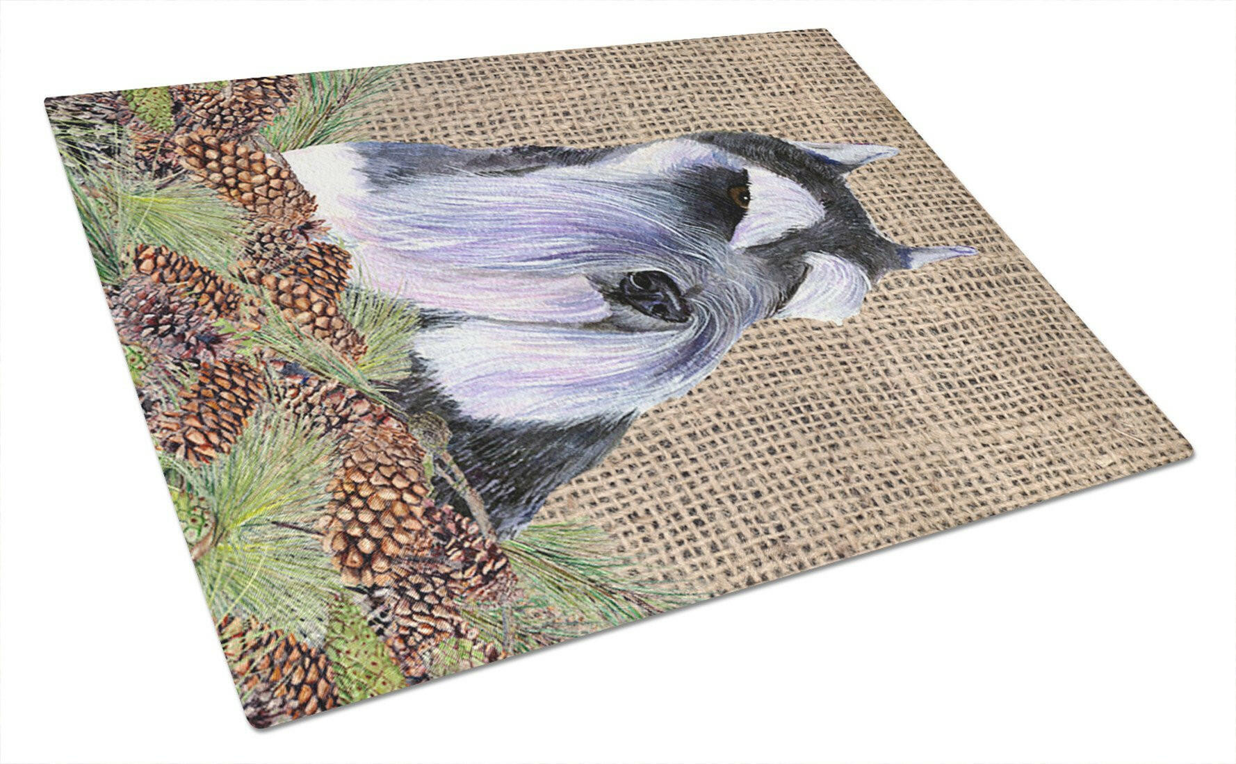 Schnauzer on Faux Burlap with Pine Cones Cutting Board Tempered Glass Kitchen Cutting Surface, Heat Resistant Chopping, Non-Slip Feet, Food Prep & Serving