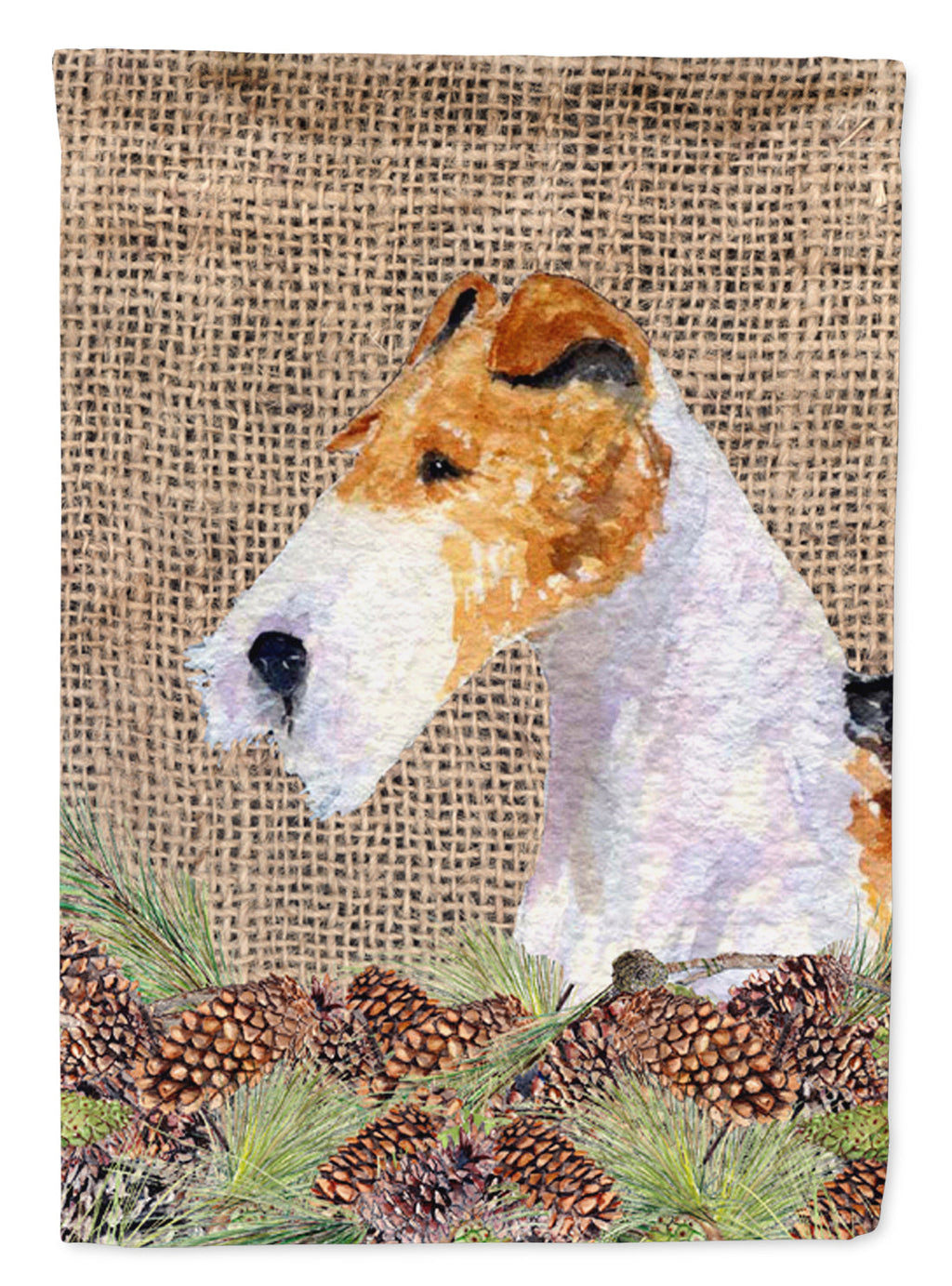 Fox Terrier on Faux Burlap with Pine Cones House Flag 28x40 Porch Sleeve Pole Decorative Outside Yard Banner Artwork Wall Hanging, Polyester