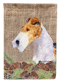 Fox Terrier on Faux Burlap with Pine Cones House Flag 28x40 Porch Sleeve Pole Decorative Outside Yard Banner Artwork Wall Hanging, Polyester