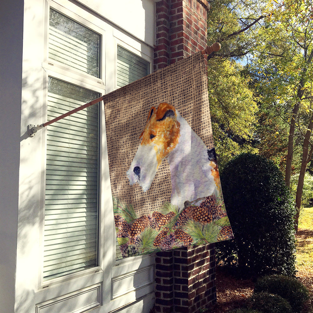 Fox Terrier on Faux Burlap with Pine Cones House Flag 28x40 Porch Sleeve Pole Decorative Outside Yard Banner Artwork Wall Hanging, Polyester