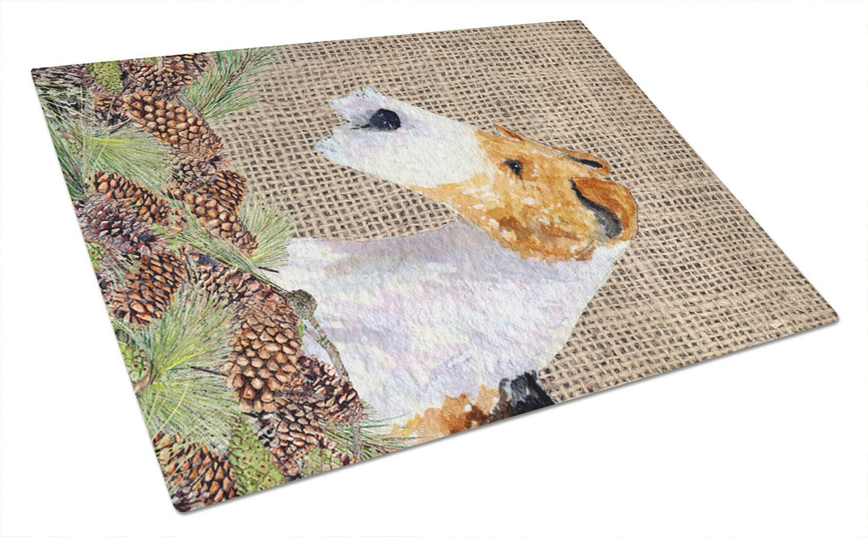 Fox Terrier on Faux Burlap with Pine Cones Cutting Board Tempered Glass Kitchen Cutting Surface, Heat Resistant Chopping, Non-Slip Feet, Food Prep & Serving