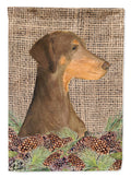 Doberman on Faux Burlap with Pine Cones House Flag 28x40 Porch Sleeve Pole Decorative Outside Yard Banner Artwork Wall Hanging, Polyester