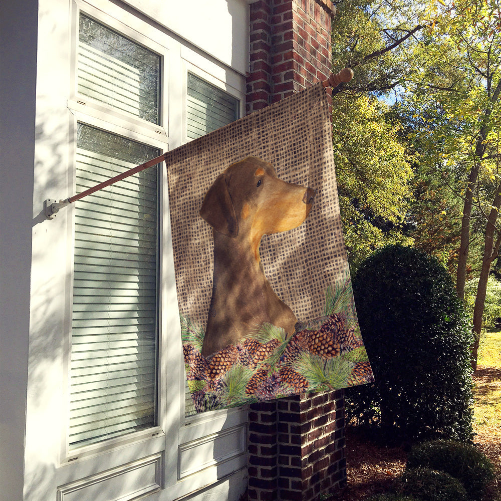 Doberman on Faux Burlap with Pine Cones House Flag 28x40 Porch Sleeve Pole Decorative Outside Yard Banner Artwork Wall Hanging, Polyester