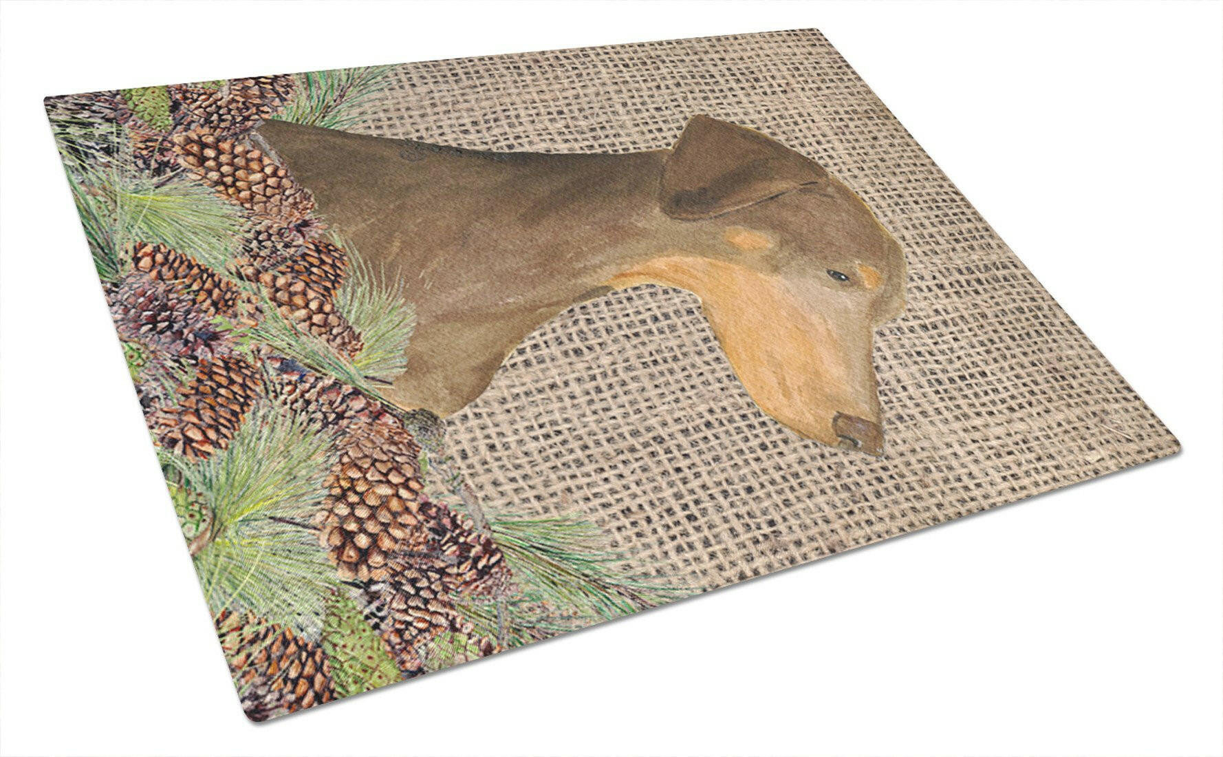 Doberman on Faux Burlap with Pine Cones Cutting Board Tempered Glass Kitchen Cutting Surface, Heat Resistant Chopping, Non-Slip Feet, Food Prep & Serving