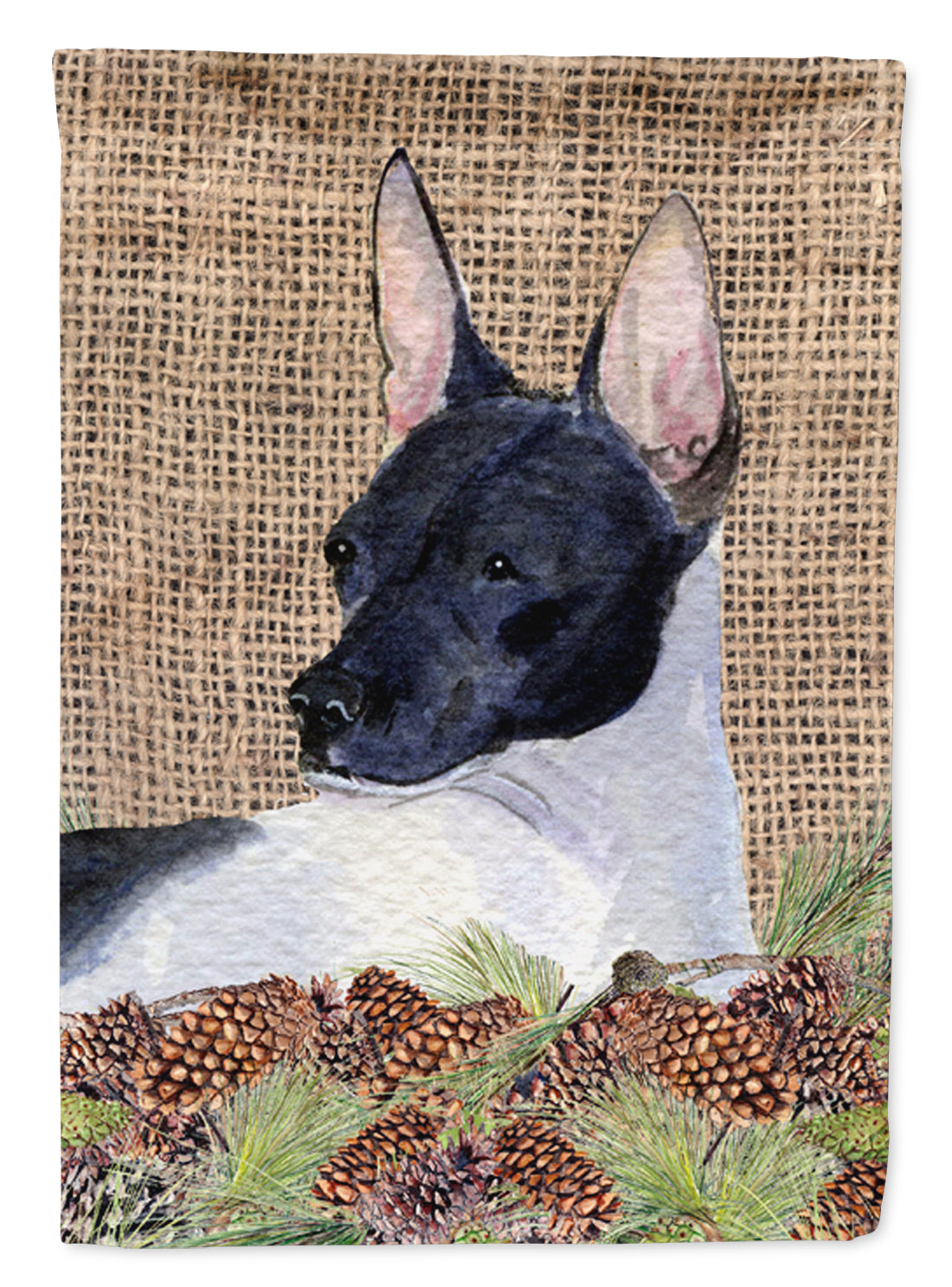 Rat Terrier on Faux Burlap with Pine Cones House Flag 28x40 Porch Sleeve Pole Decorative Outside Yard Banner Artwork Wall Hanging, Polyester
