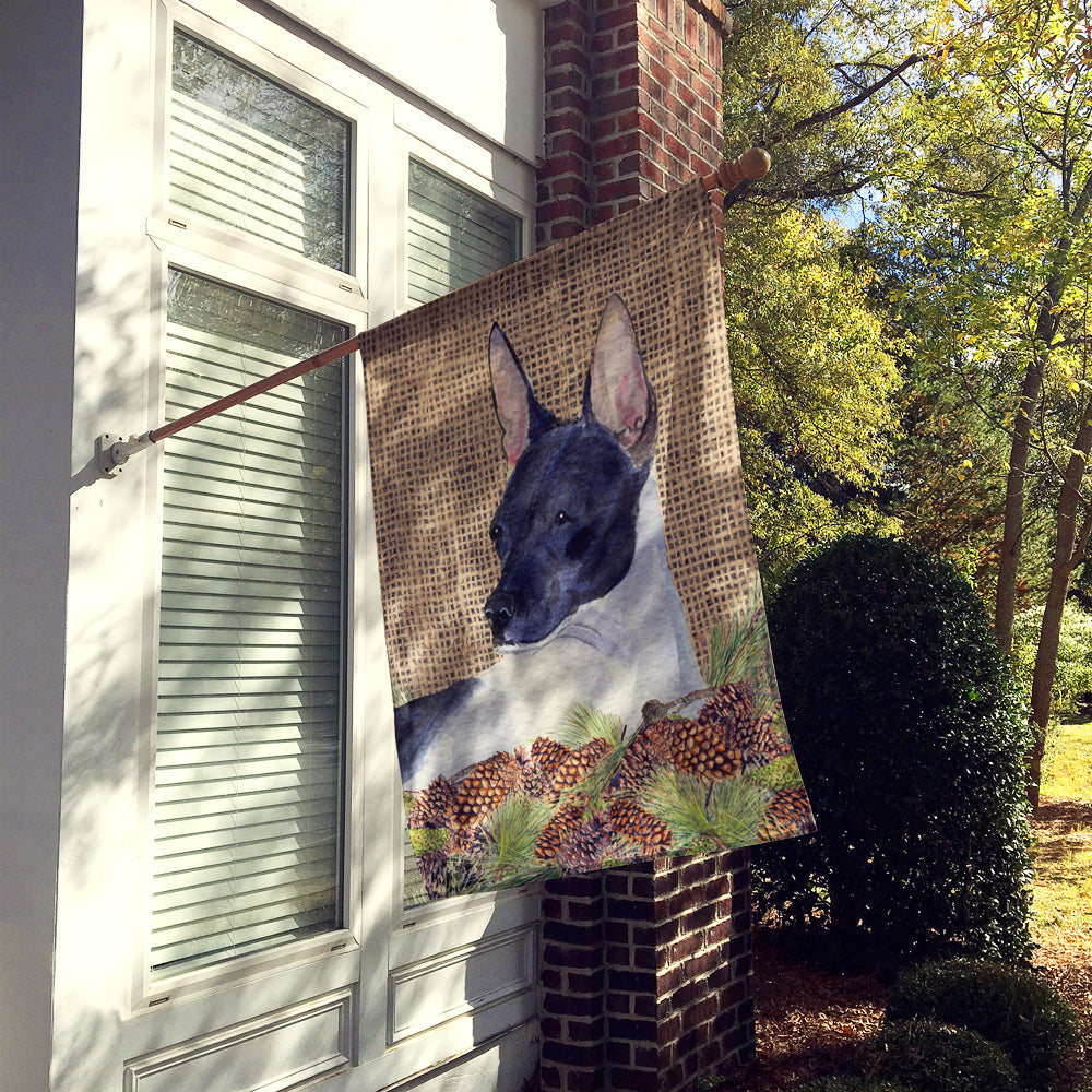 Rat Terrier on Faux Burlap with Pine Cones House Flag 28x40 Porch Sleeve Pole Decorative Outside Yard Banner Artwork Wall Hanging, Polyester