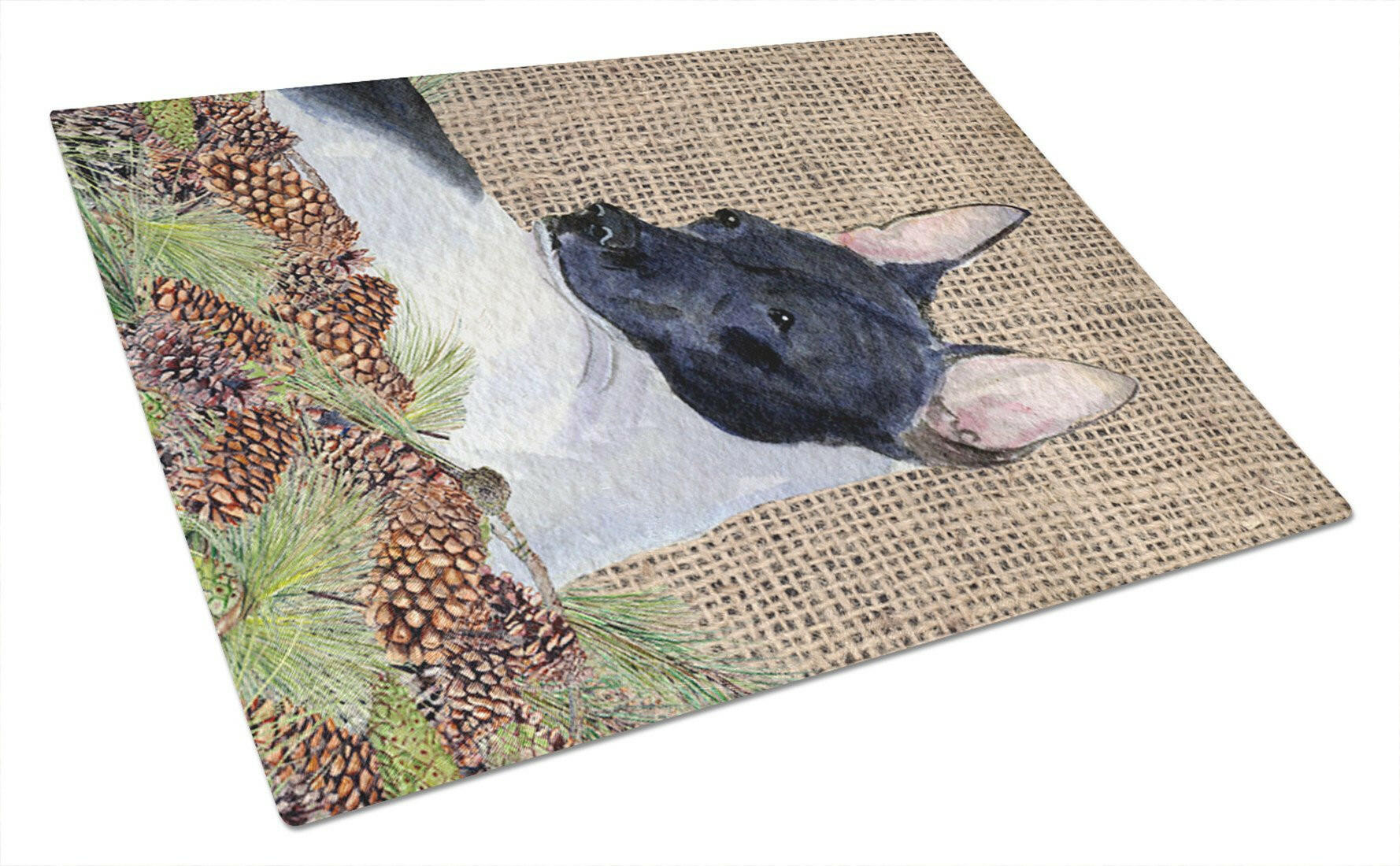 Rat Terrier on Faux Burlap with Pine Cones Cutting Board Tempered Glass Kitchen Cutting Surface, Heat Resistant Chopping, Non-Slip Feet, Food Prep & Serving