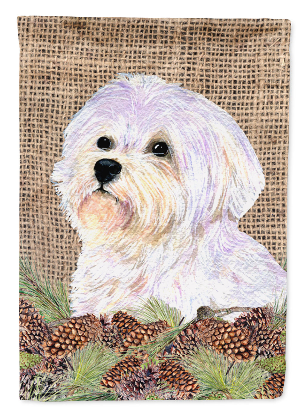 Maltese on Faux Burlap with Pine Cones House Flag 28x40 Porch Sleeve Pole Decorative Outside Yard Banner Artwork Wall Hanging, Polyester