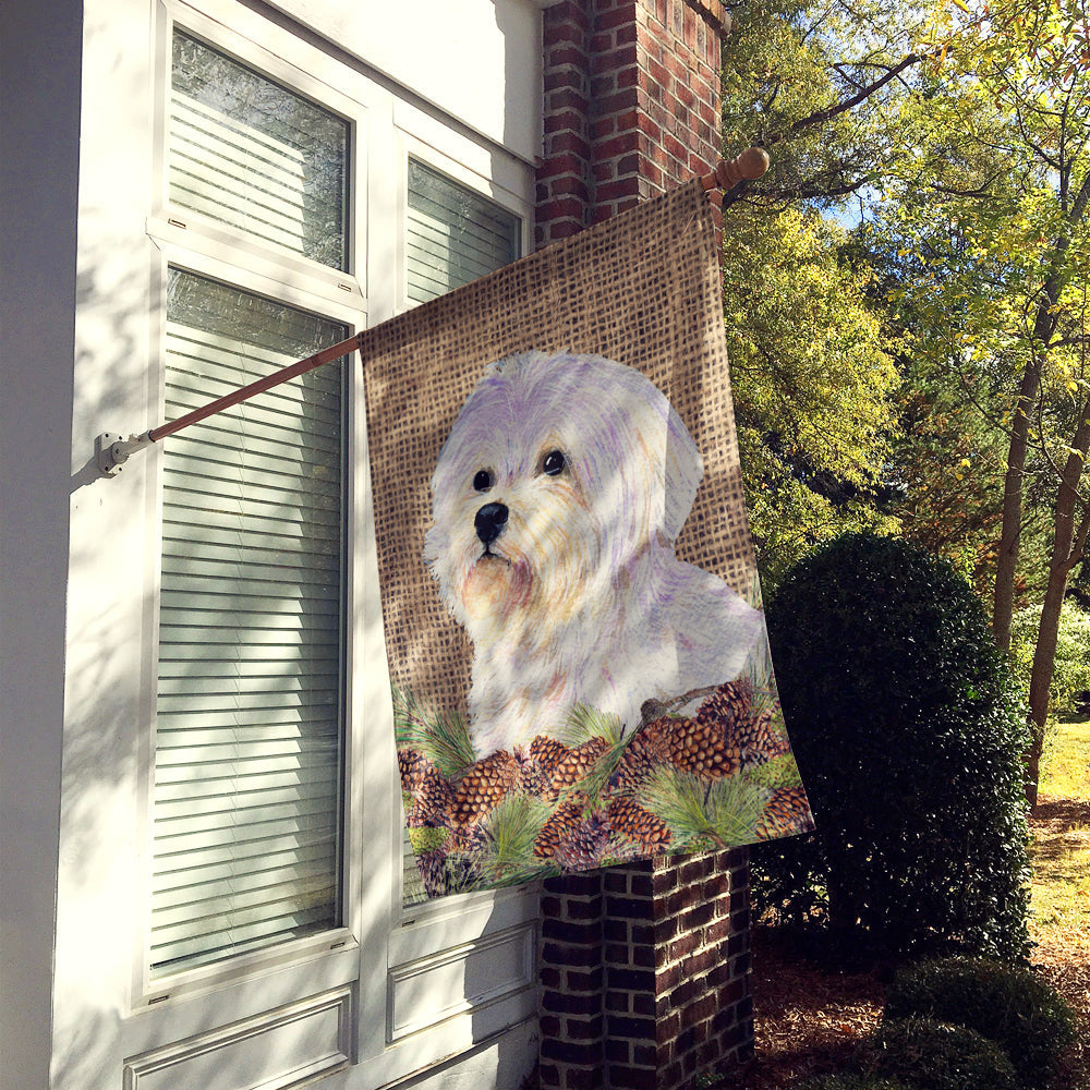 Maltese on Faux Burlap with Pine Cones House Flag 28x40 Porch Sleeve Pole Decorative Outside Yard Banner Artwork Wall Hanging, Polyester