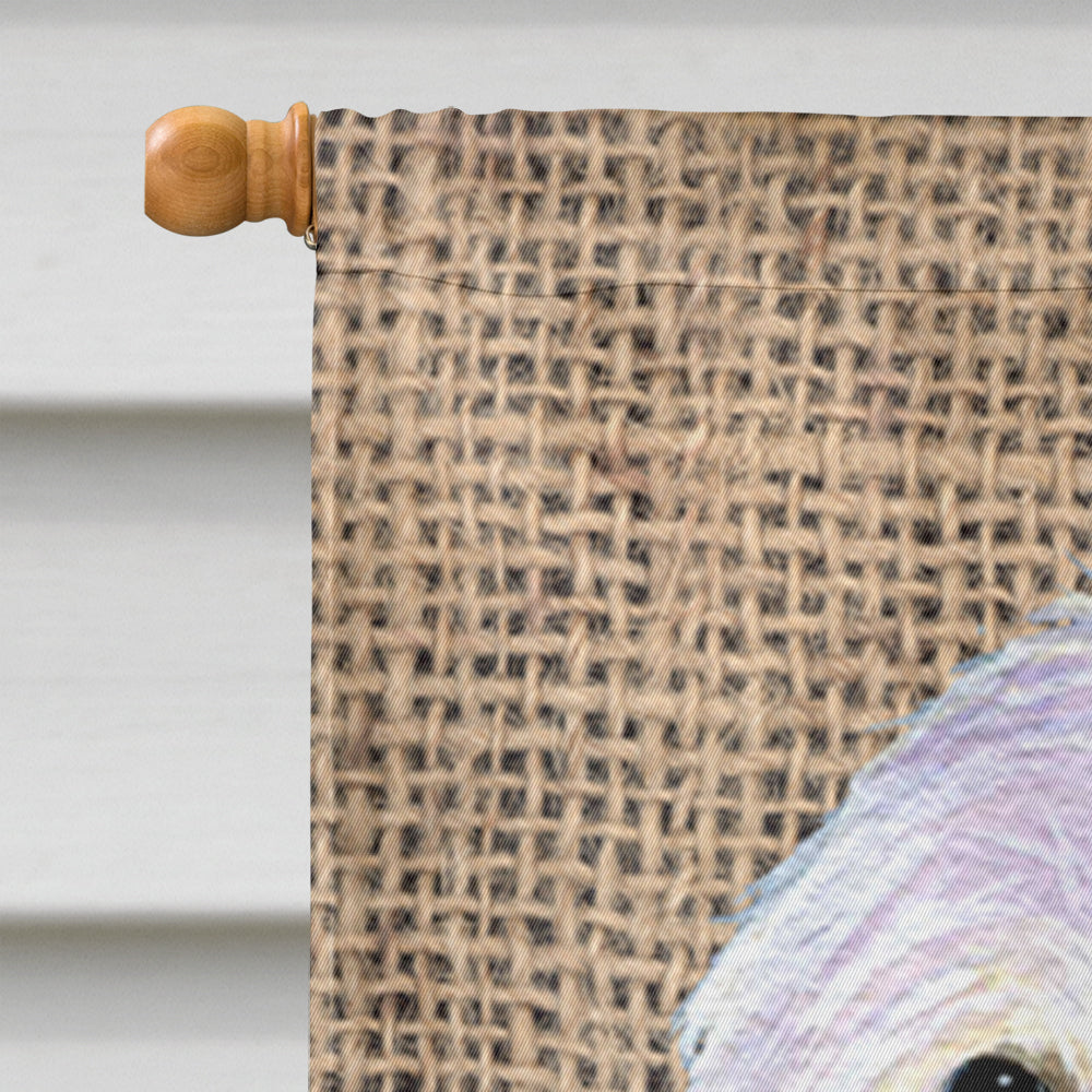 Maltese on Faux Burlap with Pine Cones House Flag 28x40 Porch Sleeve Pole Decorative Outside Yard Banner Artwork Wall Hanging, Polyester