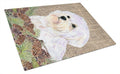 Maltese on Faux Burlap with Pine Cones Cutting Board Tempered Glass Kitchen Cutting Surface, Heat Resistant Chopping, Non-Slip Feet, Food Prep & Serving
