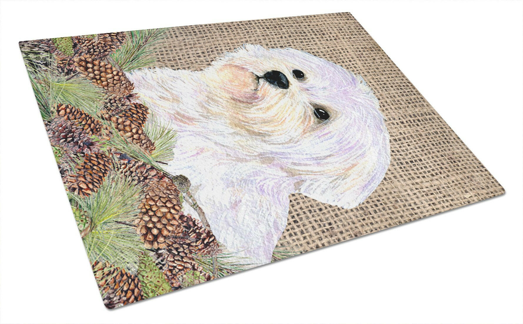 Maltese on Faux Burlap with Pine Cones Cutting Board Tempered Glass Kitchen Cutting Surface, Heat Resistant Chopping, Non-Slip Feet, Food Prep & Serving