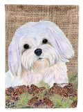 Maltese on Faux Burlap with Pine Cones House Flag 28x40 Porch Sleeve Pole Decorative Outside Yard Banner Artwork Wall Hanging, Polyester