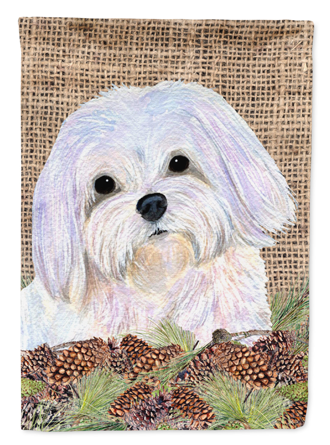 Maltese on Faux Burlap with Pine Cones House Flag 28x40 Porch Sleeve Pole Decorative Outside Yard Banner Artwork Wall Hanging, Polyester