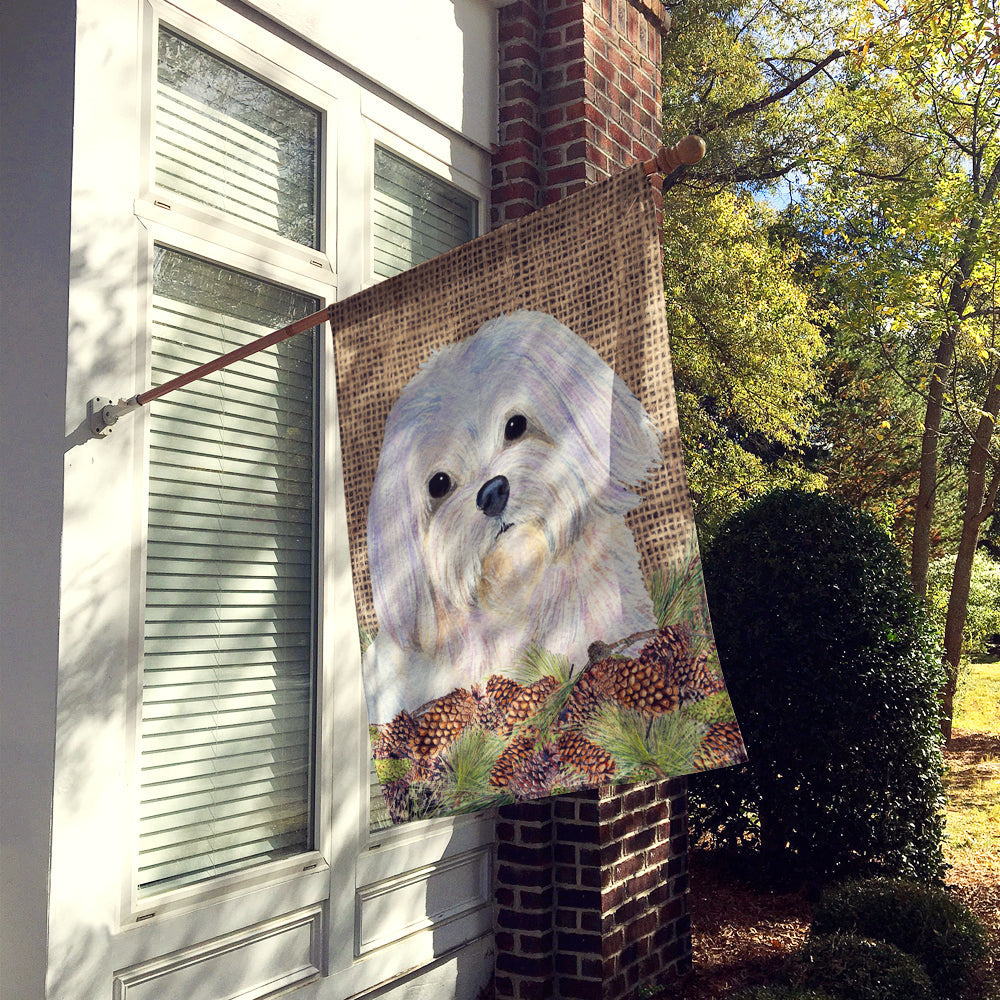 Maltese on Faux Burlap with Pine Cones House Flag 28x40 Porch Sleeve Pole Decorative Outside Yard Banner Artwork Wall Hanging, Polyester