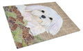 Maltese on Faux Burlap with Pine Cones Cutting Board Tempered Glass Kitchen Cutting Surface, Heat Resistant Chopping, Non-Slip Feet, Food Prep & Serving