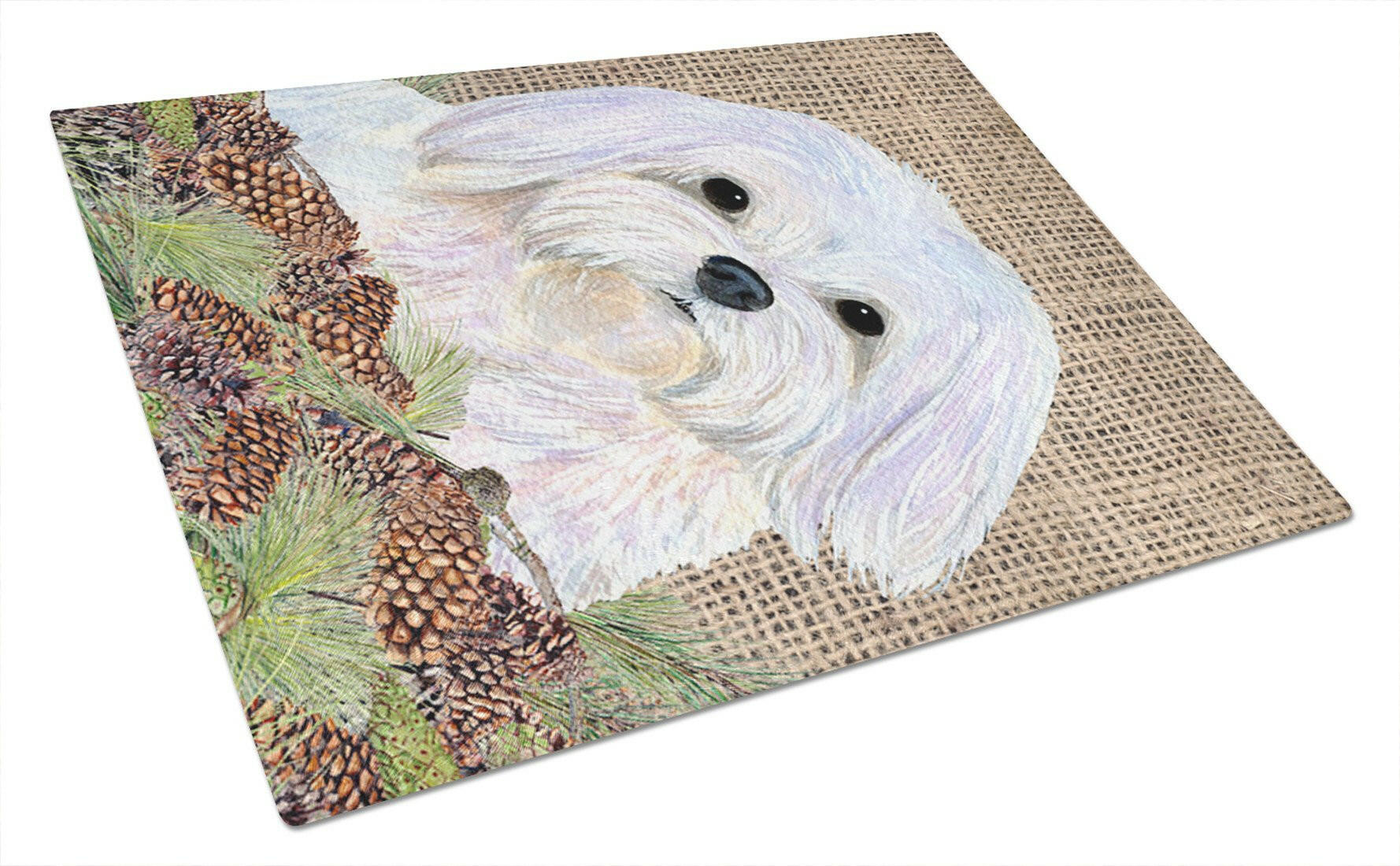 Maltese on Faux Burlap with Pine Cones Cutting Board Tempered Glass Kitchen Cutting Surface, Heat Resistant Chopping, Non-Slip Feet, Food Prep & Serving