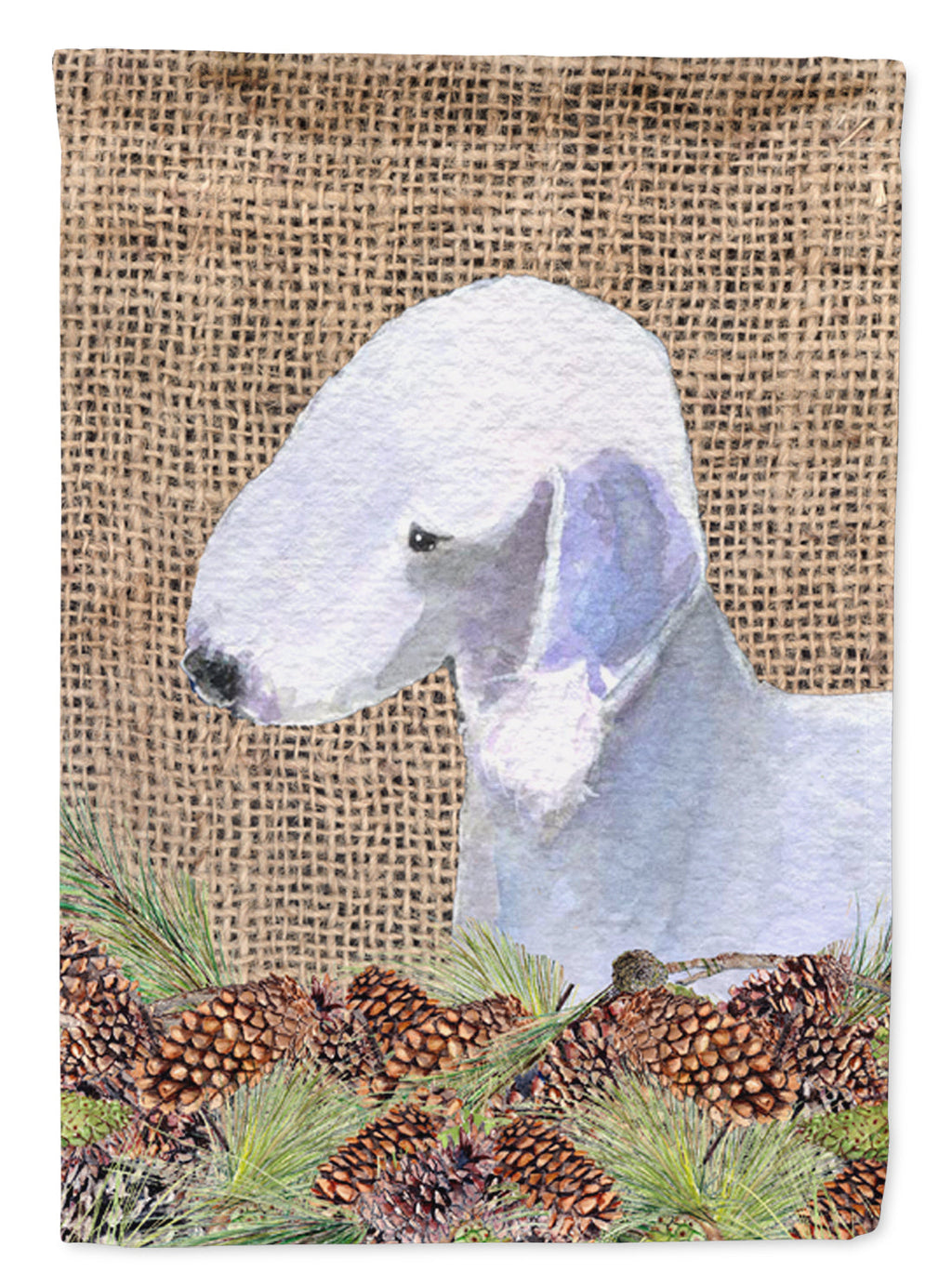Bedlington Terrier on Faux Burlap with Pine Cones House Flag 28x40 Porch Sleeve Pole Decorative Outside Yard Banner Artwork Wall Hanging, Polyester