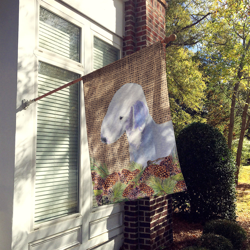 Bedlington Terrier on Faux Burlap with Pine Cones House Flag 28x40 Porch Sleeve Pole Decorative Outside Yard Banner Artwork Wall Hanging, Polyester