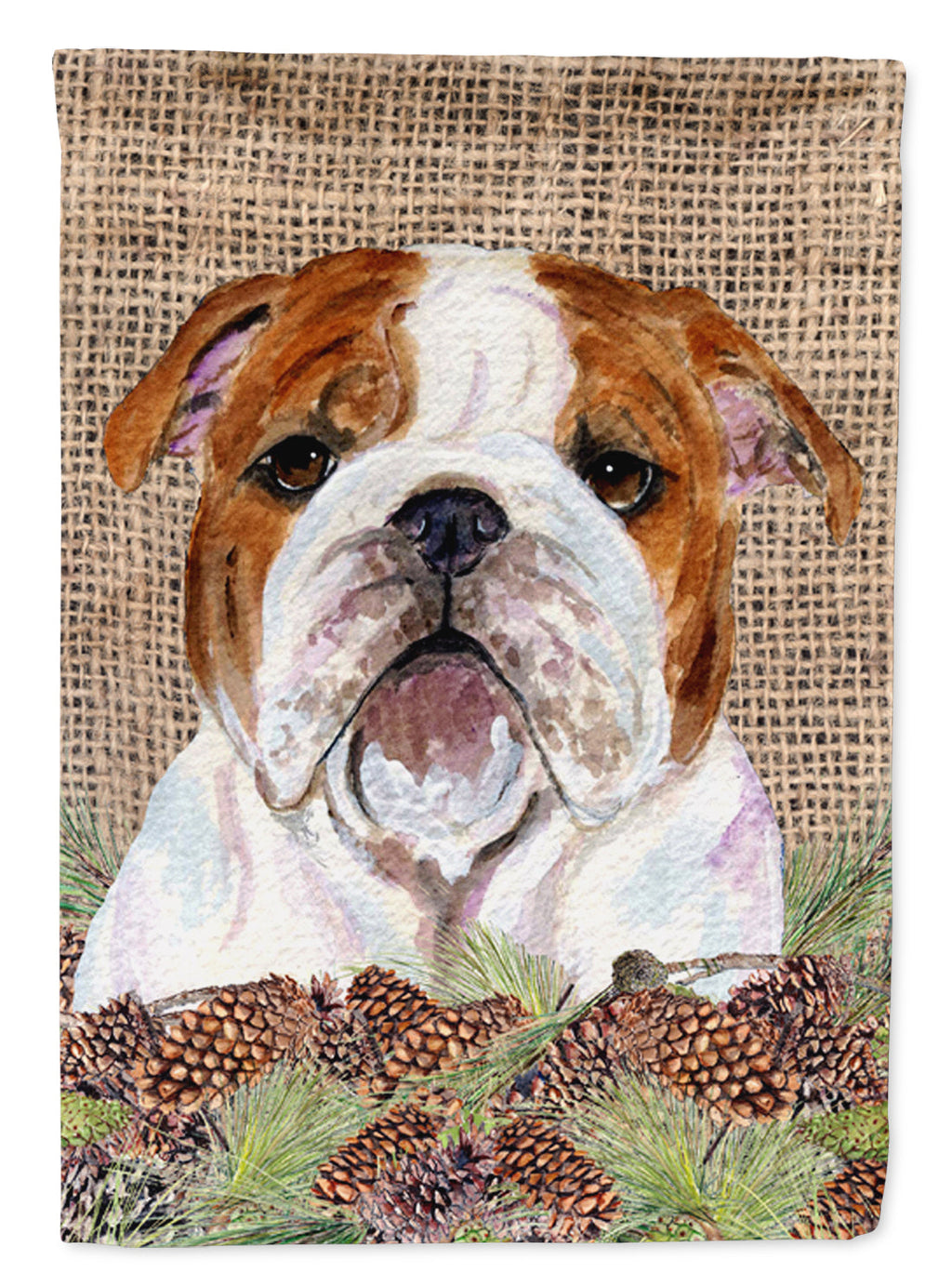 Bulldog English on Faux Burlap with Pine Cones House Flag 28x40 Porch Sleeve Pole Decorative Outside Yard Banner Artwork Wall Hanging, Polyester