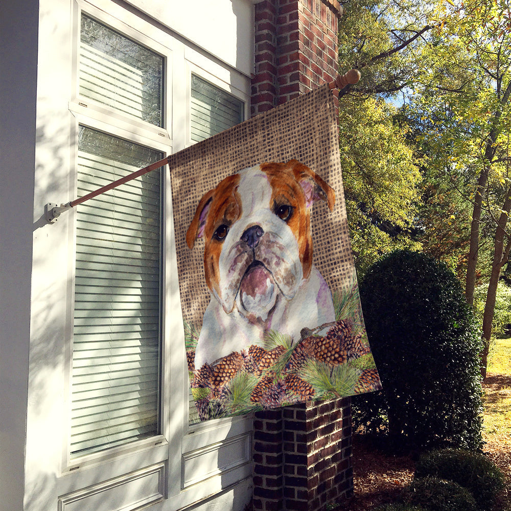 Bulldog English on Faux Burlap with Pine Cones House Flag 28x40 Porch Sleeve Pole Decorative Outside Yard Banner Artwork Wall Hanging, Polyester