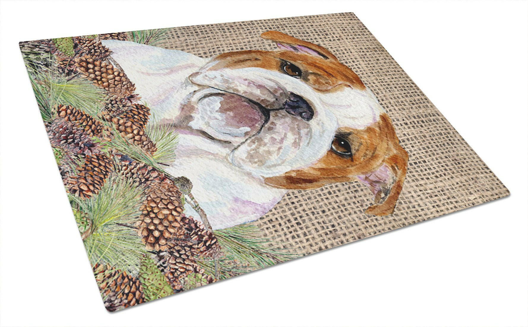 Bulldog English on Faux Burlap with Pine Cones Cutting Board Tempered Glass Kitchen Cutting Surface, Heat Resistant Chopping, Non-Slip Feet, Food Prep & Serving