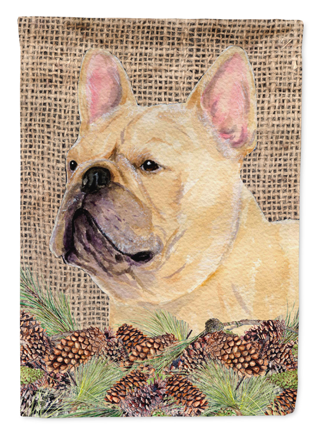French Bulldog on Faux Burlap with Pine Cones House Flag 28x40 Porch Sleeve Pole Decorative Outside Yard Banner Artwork Wall Hanging, Polyester