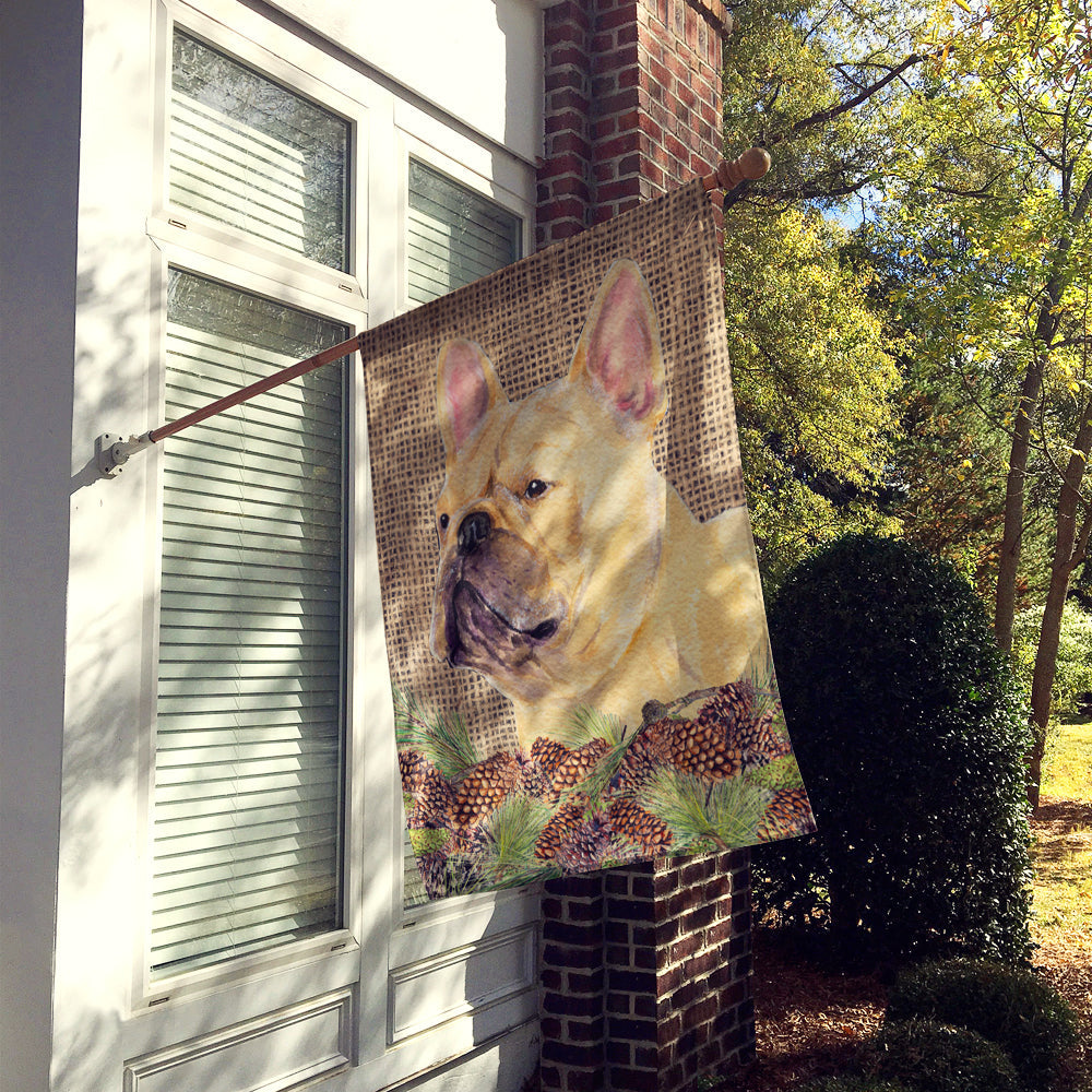 French Bulldog on Faux Burlap with Pine Cones House Flag 28x40 Porch Sleeve Pole Decorative Outside Yard Banner Artwork Wall Hanging, Polyester