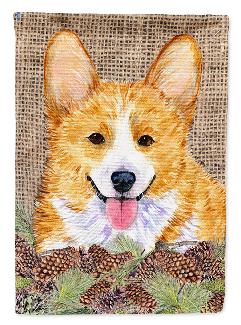 Corgi on Faux Burlap with Pine Cones House Flag 28x40 Porch Sleeve Pole Decorative Outside Yard Banner Artwork Wall Hanging, Polyester
