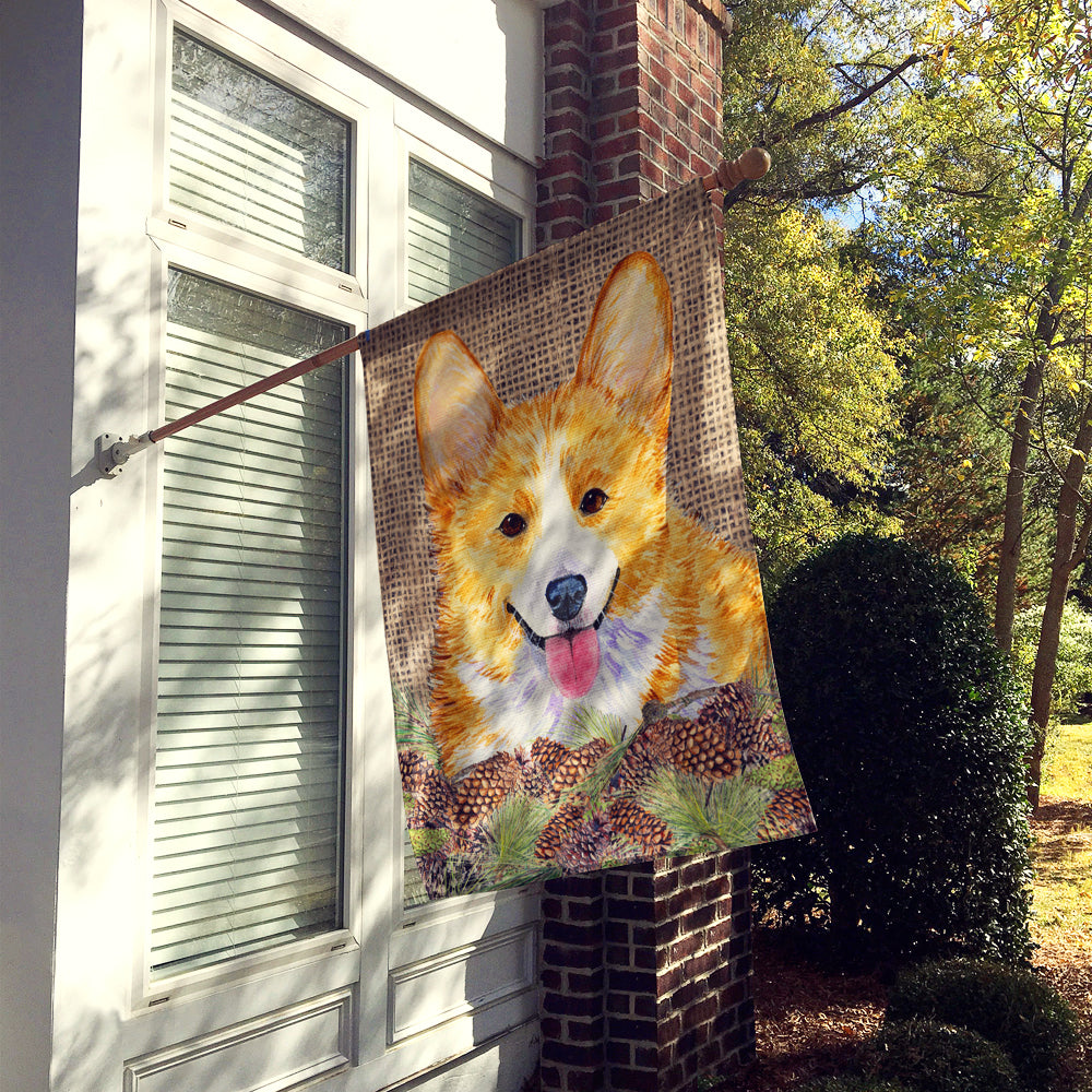 Corgi on Faux Burlap with Pine Cones House Flag 28x40 Porch Sleeve Pole Decorative Outside Yard Banner Artwork Wall Hanging, Polyester