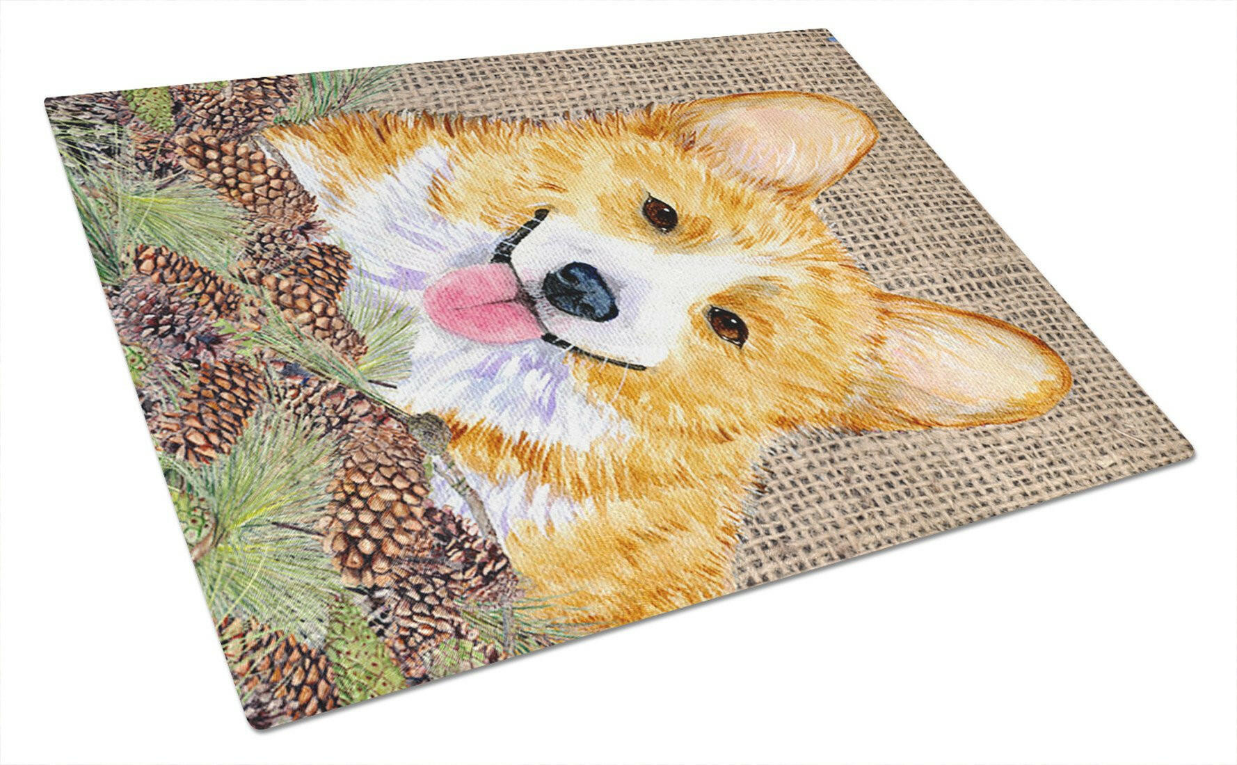 Corgi on Faux Burlap with Pine Cones Cutting Board Tempered Glass Kitchen Cutting Surface, Heat Resistant Chopping, Non-Slip Feet, Food Prep & Serving