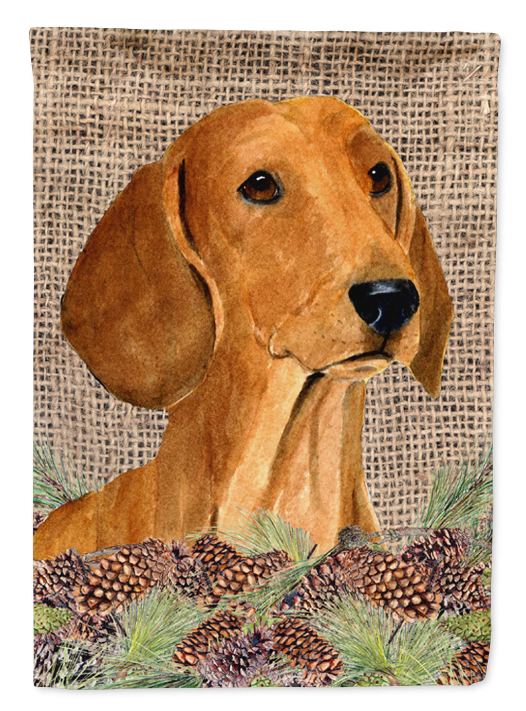 Dachshund on Faux Burlap with Pine Cones House Flag 28x40 Porch Sleeve Pole Decorative Outside Yard Banner Artwork Wall Hanging, Polyester