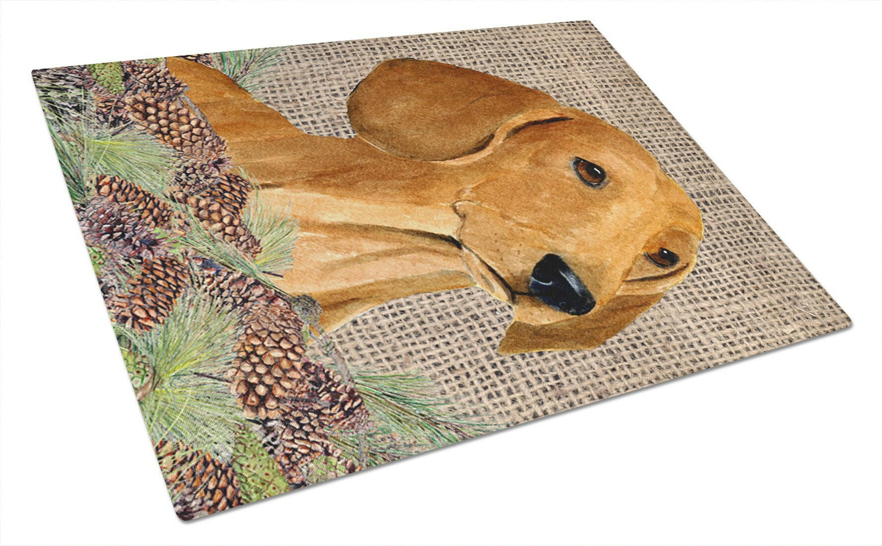 Dachshund on Faux Burlap with Pine Cones Cutting Board Tempered Glass Kitchen Cutting Surface, Heat Resistant Chopping, Non-Slip Feet, Food Prep & Serving