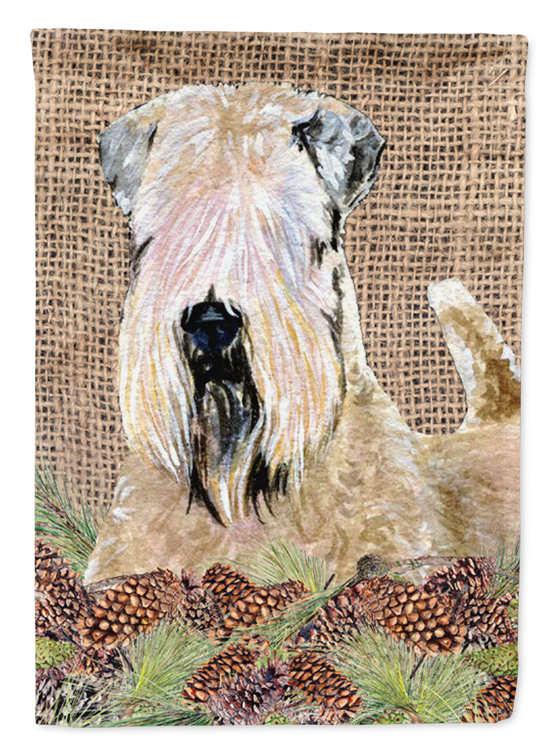 Wheaten Terrier Soft Coated on Faux Burlap with Pine Cones House Flag 28x40 Porch Sleeve Pole Decorative Outside Yard Banner Artwork Wall Hanging, Polyester